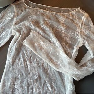 NWOT Lace Long Sleeve Boat Neck Sheer Mesh Top Blouse White
